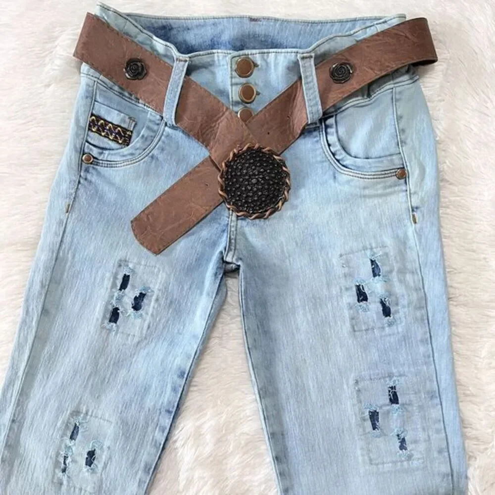 Bambu Women's Jeans‎ Stretch Skinny Destroyed Denim with Belt - 9 US 14 Colombia